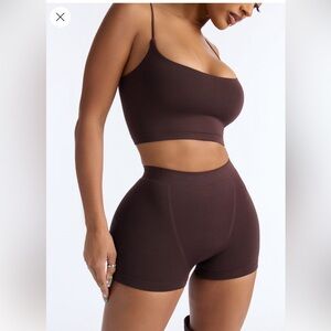 Fashion Nova Chocolate Brown Seamless Smooth Double Lined Hot Shorts & Cami Crop